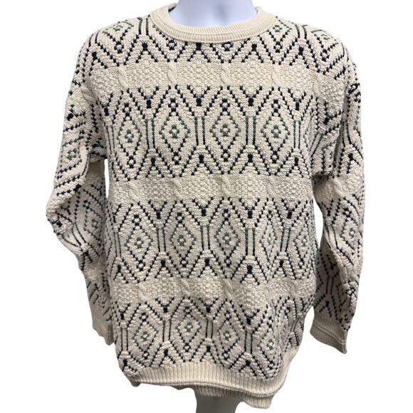 VTG 80s SteepleChase Cream Knit Chunky Hand Framed USA Made Sweater Men's L - Picture 1 of 4